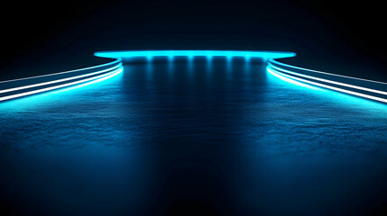 Poster - Futuristic neon stage, blue lights, dark background, product display