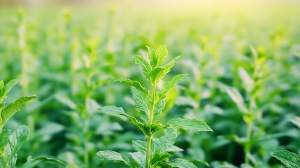 Wall Mural - Lush mint field, sunny day, growth, agriculture