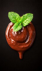 Wall Mural - Melted chocolate, mint garnish, dark background, dessert