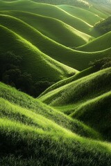 Wall Mural - Green hills, grassy field, soft lighting, minimalism