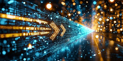 Fototapete - dynamic digital scene with abstract blue arrows moving forward, surrounded by glowing particles and light trails, creating futuristic and energetic atmosphere