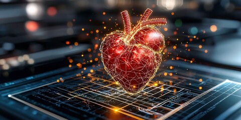Poster - futuristic digital rendering of human heart with glowing wireframe elements, set against high tech background, showcasing innovation and technology