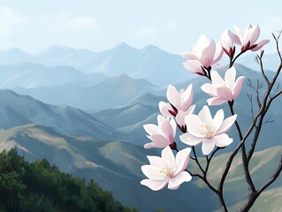 Canvas Print - Mountaintop blossoms, spring, digital art, scenic view, tranquil scene