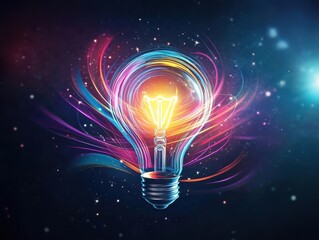 Poster - Light bulb emitting colorful lines representing creativity and innovative ideas in a vibrant design