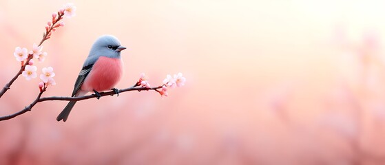 Wall Mural - Pink bird on blossom branch, spring sunrise