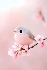 Poster - Pink bird on cherry blossom branch, spring garden