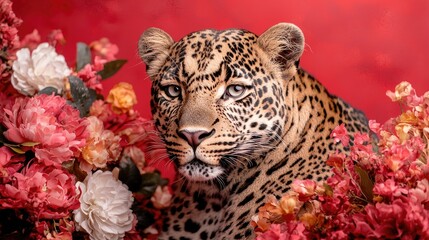 leopard portrait, red background, flowers, wildlife photography, nature