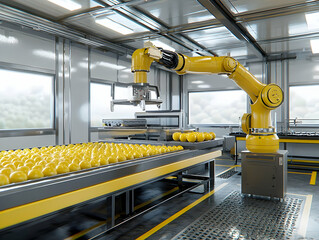 Poster - Robotic arm sorting lemons on conveyor belt in factory