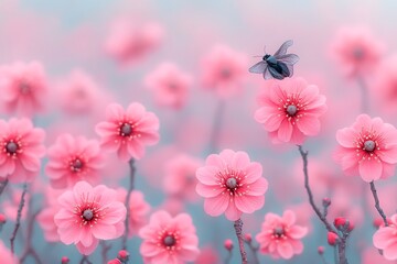 Poster - Pink blossoms, bee flying, soft background, spring, nature scene