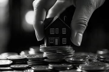 Wall Mural - a hand placing a miniature house on top of a coin stack, representing a significant financial invest