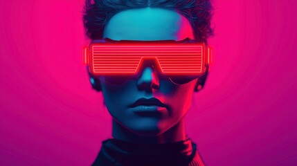 Poster - person wearing futuristic glowing glasses stands against vibrant background, exuding cyberpunk aesthetic. neon lights reflect sense of modernity and innovation