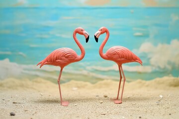 Wall Mural - A pair of pink flamingo figurines standing on a sandy surface, resembling a beach scene.