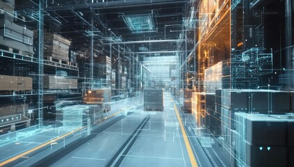 Poster - Logistics hub enhanced by futuristic analytics , automated package flow monitoring.