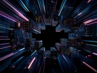 Poster - surreal cyberpunk vr dreamscape, electric neon grids, holographic cities, mesmerizing shifting textu