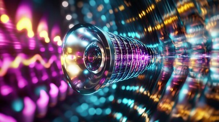 Poster - high tech speaker emits vibrant soundwaves in colorful, futuristic setting, showcasing dynamic light patterns and reflections