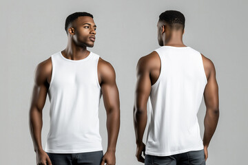 Wall Mural - man wearing a white sleeveless t-shirt tank top mockup front and back used as a design template