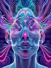 Poster - futuristic psychedelic sanctuary, neon holograms, radiating energy waves, mystic VR portal, galactic fractal explosion, dazzling dreamstate, surreal ultra-detailed landscape, immersive fantasy,