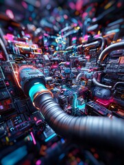 Poster - futuristic psychedelic sanctuary, neon holograms, radiating energy waves, mystic VR portal, galactic fractal explosion, dazzling dreamstate, surreal ultra-detailed landscape, immersive fantasy,