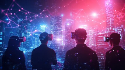 Poster - Group of people using virtual reality headsets exploring a digital city environment together
