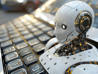 Poster - Robot AI works on keyboard; city blur