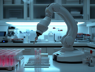 Poster - Robotic arm in lab, handling samples; background, lab equipment