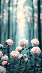 Poster - Pink flowers bloom in misty forest path