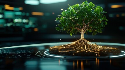 Poster - digital tree of life with glowing roots in futuristic setting, symbolizing connectivity and growth. intricate design highlights blend of nature and technology