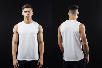 Wall Mural - man wearing a white sleeveless t-shirt tank top mockup front and back used as a design template