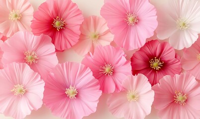 Wall Mural - Pink paper flowers arranged on white,  background blur, craft project