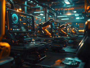 Poster - Futuristic factory robots assemble parts