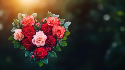 Poster - Heart shape created with red and pink roses on a white background for romantic themes