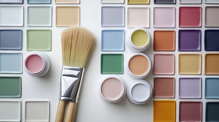 a set of paintbrushes next to an assortment of acrylic tile paints.