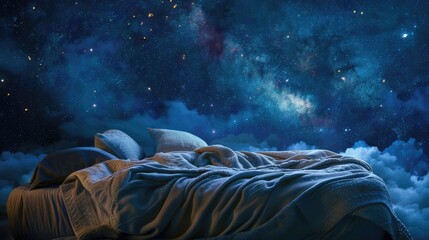 Wall Mural - A serene bedroom scene with a cozy bed surrounded by fluffy clouds under a starry night sky, evoking tranquility