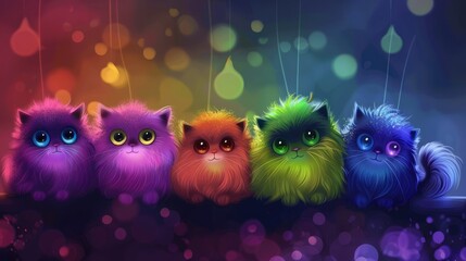 Wall Mural - Five colorful, fluffy kittens hanging in a vibrant, dreamy background with glowing lights and soft bokeh effects