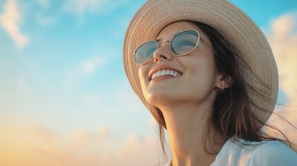 Wall Mural - Young woman in sun hat enjoying natural light. Ideal for summer joy, outdoor lifestyle, or natural happiness themes.