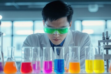 Fototapete - Man wearing lab coat and goggles conducting research in a laboratory setting with scientific equipment