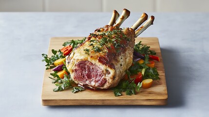 Wall Mural - Roasted rack of lamb, herb garnish, kitchen setting, food photography