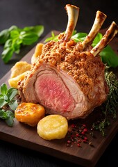 Wall Mural - Roasted rack of lamb, potatoes, herbs, dark background, food photography