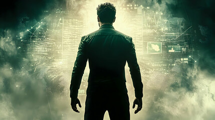 Poster - Man facing data streams, future tech