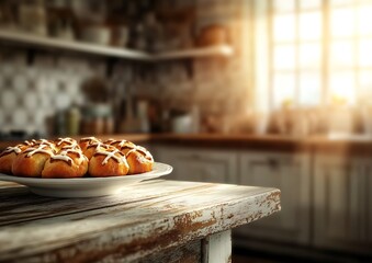 Canvas Print - Rustic kitchen, pastries, sunlight, wooden table, breakfast