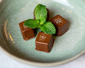 Wall Mural - Salted chocolate squares, mint garnish, restaurant, close-up