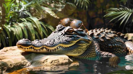 Wall Mural - A relaxed crocodile wearing sunglasses lounges on a rock in a lush, tropical environment with vibrant foliage