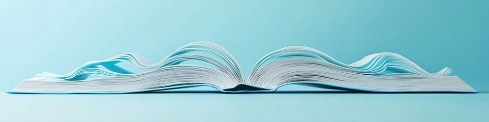 Poster - Open Book Pages Curl Beautifully on Blue Background: A Study in Texture and Light