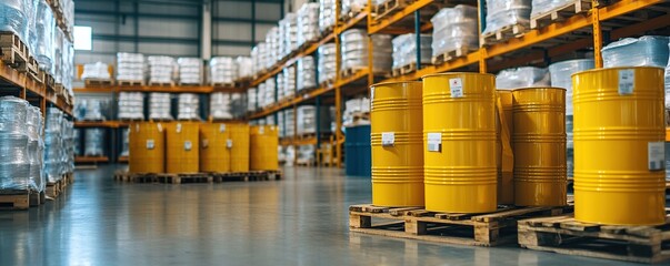 Poster - Warehouse Inventory: Yellow Barrels on Pallets, Stacked Goods in Industrial Storage Facility, Efficient Logistics