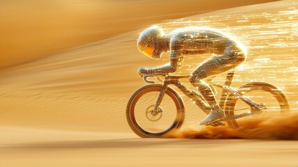 Poster - futuristic cyclist speeds through desert, leaving trail of light. digital figure, glowing with energy, races across sandy dunes, embodying speed and innovation