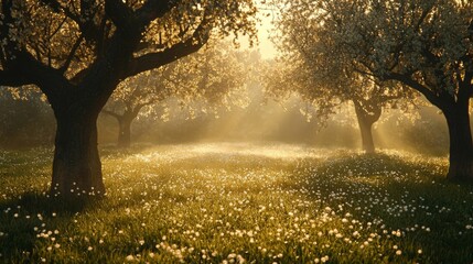 Wall Mural - Serene Sunlit Orchard Scene with Blooming Trees and Soft Natural Light in Early Morning Glow