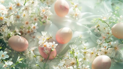 Wall Mural - Delicate pastel eggs nestled among blooming flowers on soft fabric, creating a serene springtime ambiance