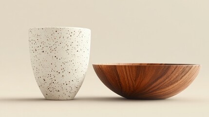 Poster - Simple ceramic and wooden bowl.  Modern neutral design.  Studio shot.  Suitable for tableware catalog