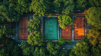 Wall Mural - Aerial view Park courts, green field, urban setting, recreation