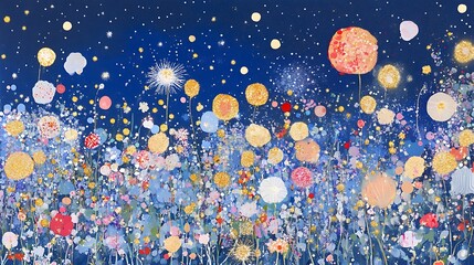 Wall Mural - A Colorful Fireworks Over a Charming Cityscape Under a Starry Night Sky